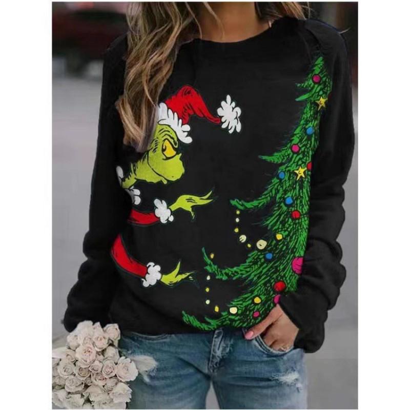 Grinch Green Christmas 3D Print Womens Long Sleeve Crew Neck T Shirt Streetwear