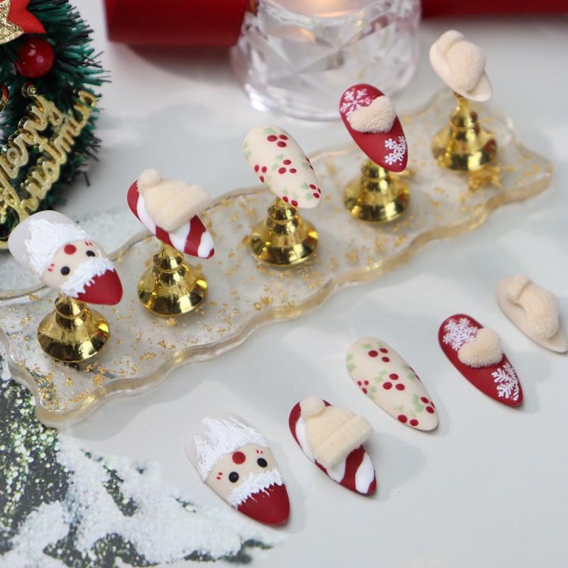 Handmade Matte Finish Press-On Nails With Santa Claus Design Brick Red A1043 Women Winter Holiday Wear