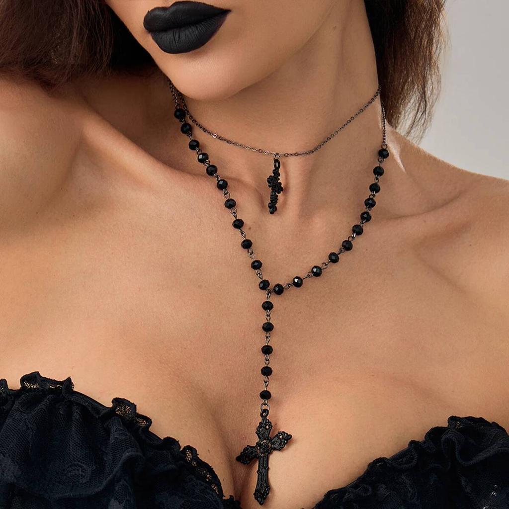 Ingemark 2Pcs/Set Creative Jesus Cross Pendant Choker Necklace for Women Goth Black Crystal Chain Halloween Neck Jewelry Gift