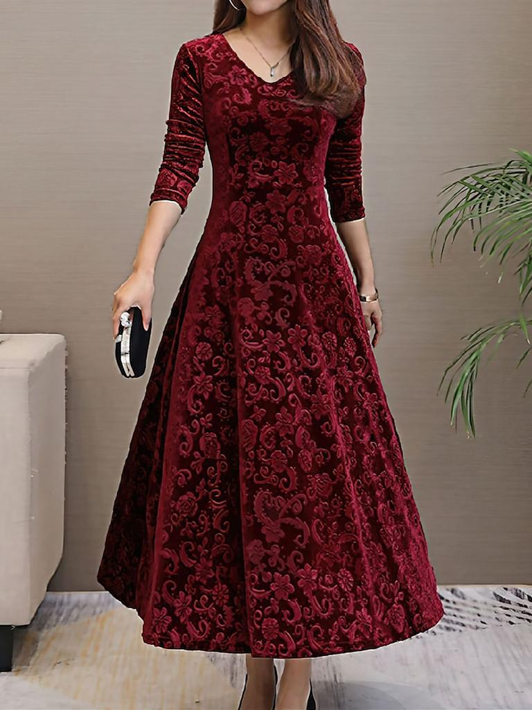 Spring Autumn New Style Elegant High-End Evening Gown Velvet Midi Dress for Women