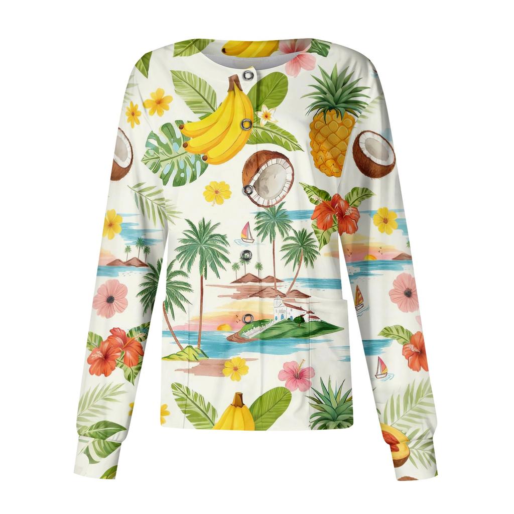 Women's Casual Long Sleeve Hawaiian Floral Print Single Button Scrub Cardigan Top for Uniform