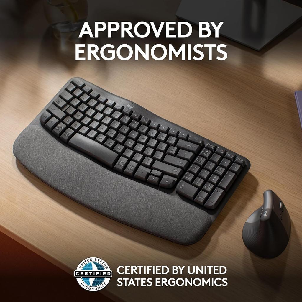 Logitech WAVE KEYS ergonomic keyboard, wireless Bluetooth dual-mode with built-in palm rest, comfortable office multi device connection
