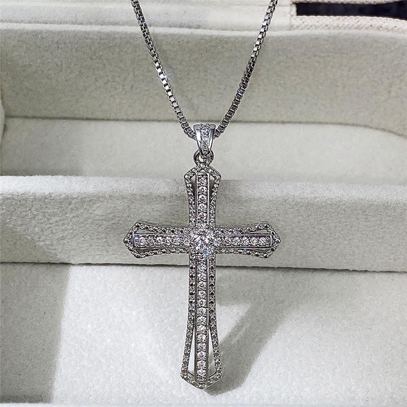Shine Hip Hop Cross Necklace for Women with Dazzling White Stone Luxury Silver Color Cool Neck Accessories Party Fashion Jewelry