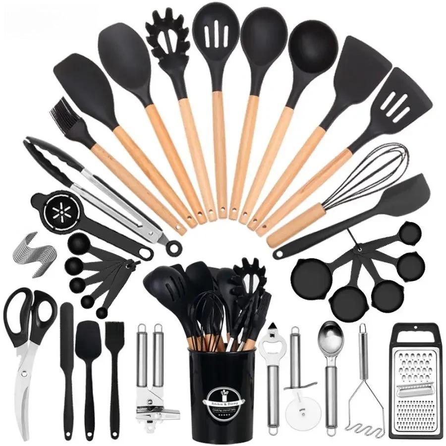 34pcs Premium Silicone Kitchen Utensil Set With Wooden Handles and Knife Heat-Resistant Non-Stick Friendly Cooking