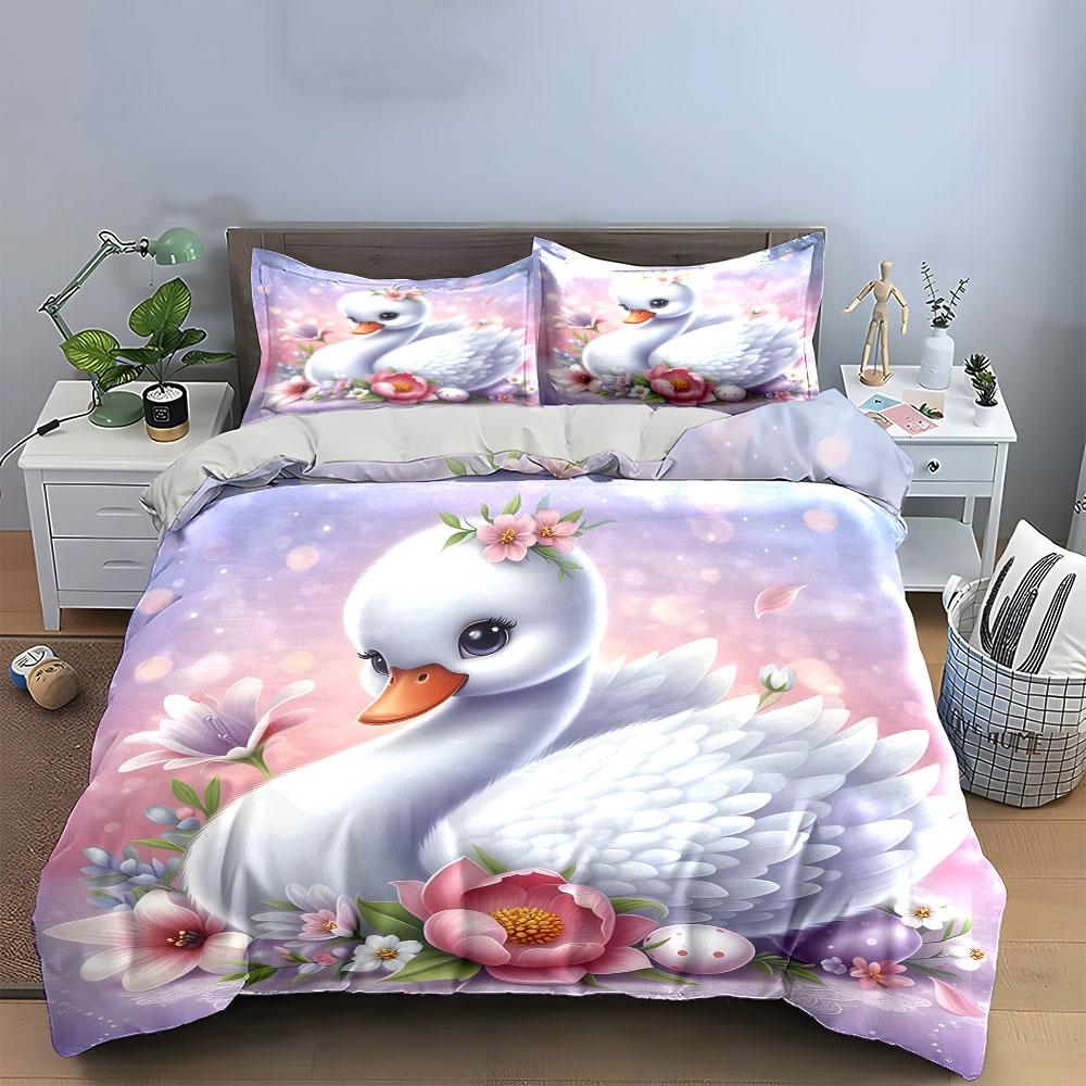 Elegant Swan with Flowers Bedding Duvet Cover Set (1*Duvet Cover 2*Pillowcases, without duvet insert)