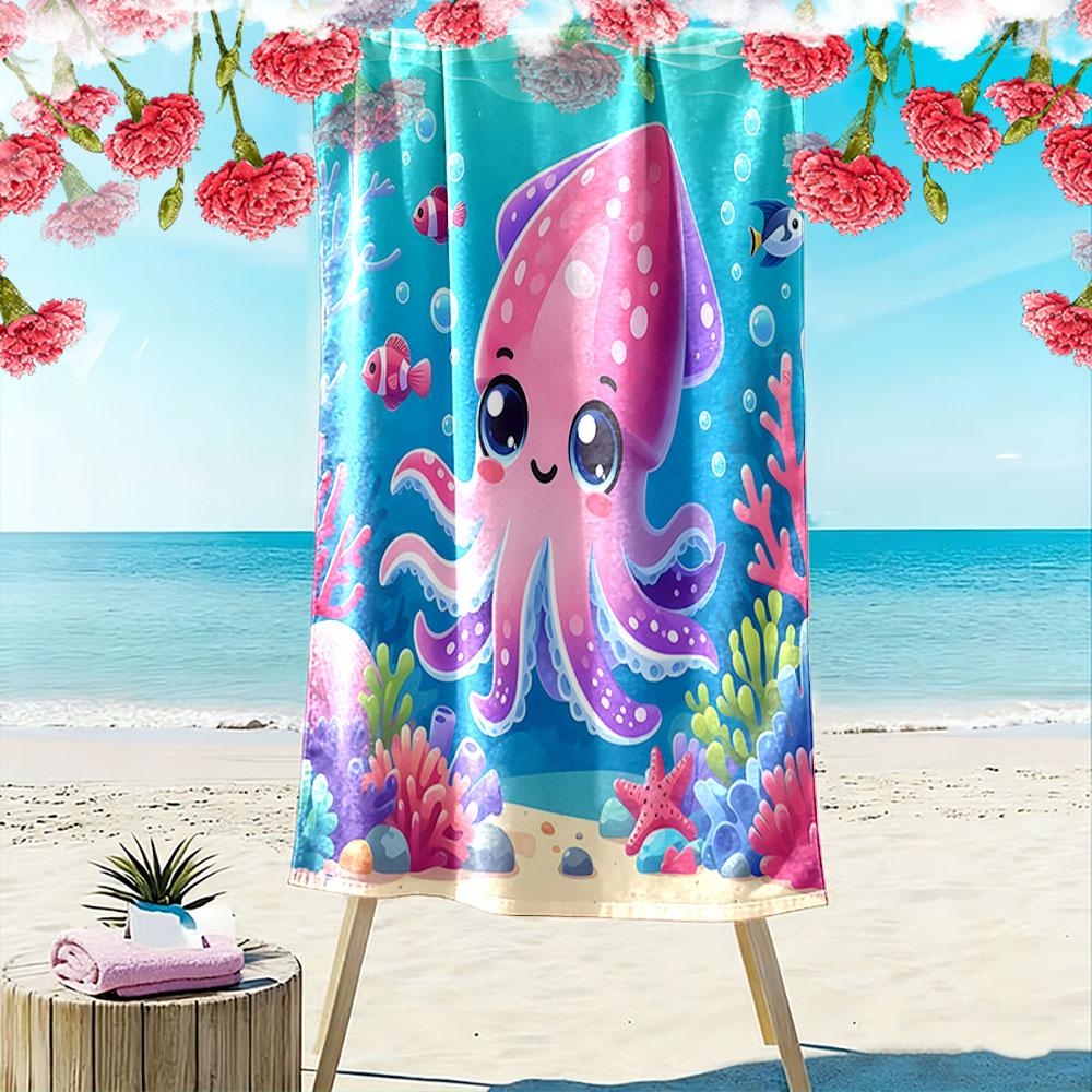 Cute Pink Squid Underwater Scene Patterned beach towel quick dry perfect for travel outdoor sports jogging the beach and swimming