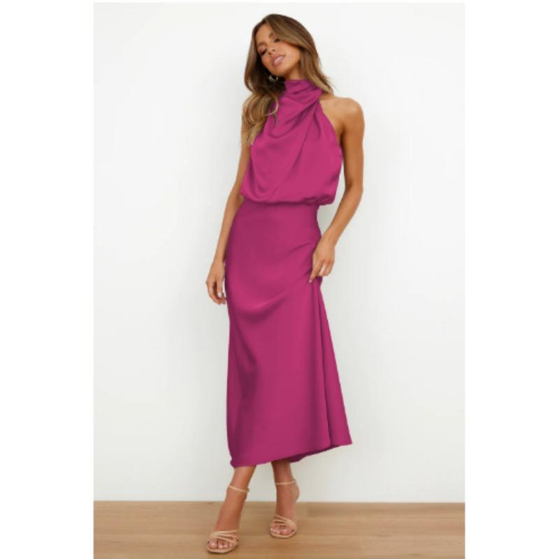 Europe, America, Spring and Summer New Solid Color High-end Satin Sleeveless Dress Fashionable and Elegant Temperament Light Evening Dress