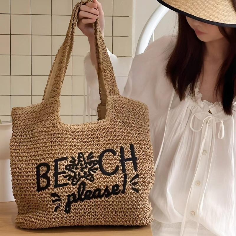 Letter Embroidered Straw Bag New Hand-woven Bag Large Capacity Shoulder Bag Women's Bag Straw Bag Holiday Beach Bag