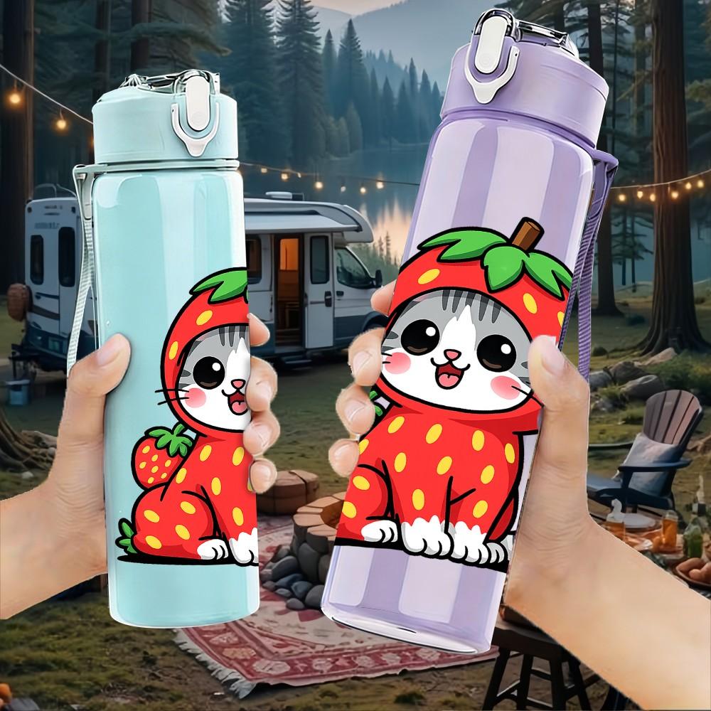 1PC Strawberry Hood Cat Cartoon 750ml Color Plastic Sports Water Bottle Leakproof Flip Straw Lid Suitable for Sports Office Home Use