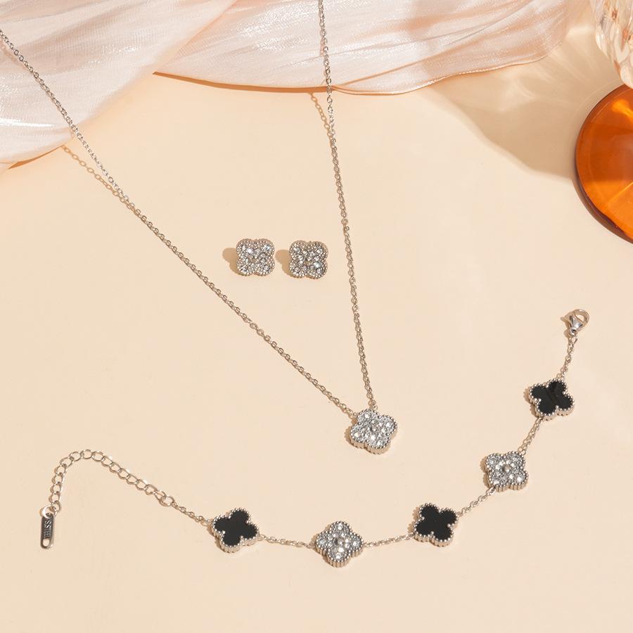 Stal Tytanowa Nieblaknący Czterolistna Koniczyna Kolczyki Naszyjnik i Bransoletka Zestaw Elegancki i Luksusowy Łańcuszek na Obojczyk