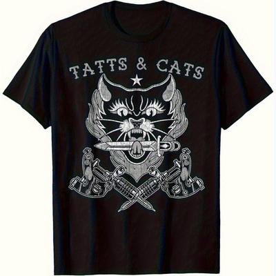 Mens Vintage Tattoo Graphic TShirt Gothic Heavy Metal Tee with Fierce Cat Swords TATTS CATS Text Crew Neck Streetwear Shirt