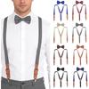 Unisex Y-Back 3 Clips Suspenders & Bow Tie Set, Adjustable Elastic PU Leather Braces