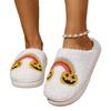 Fashion Plush Home Thick-Soled Comfortable Plush Cotton Slippers with Rainbow Pattern Embroider, Cute Warm Non-Slip Indoor Slippers