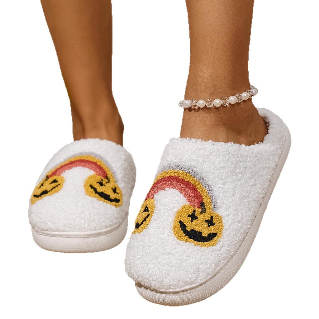 Fashion Plush Home Thick-Soled Comfortable Plush Cotton Slippers with Rainbow Pattern Embroider, Cute Warm Non-Slip Indoor Slippers