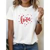 European Size Women's White Short Sleeve T-Shirt, Red Love Heart Print, Casual Crew Neck Summer Top, Breathable Soft Stretch Fabric