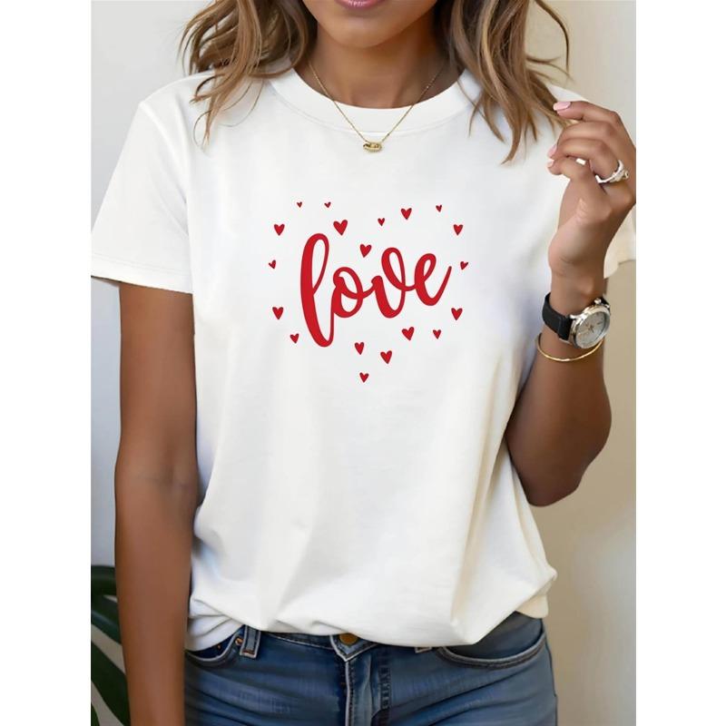 

European Size Women s White Short Sleeve T-Shirt, Red Love Heart Print, Casual Crew Neck Summer Top, Breathable Soft Stretch Fabric 4XL