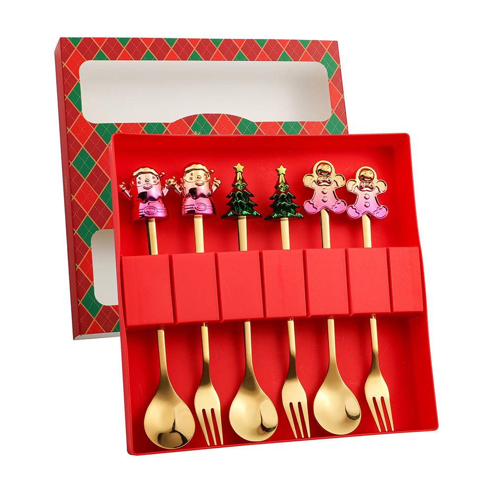Cartoon Santa Claus Christmas Tree Coffee Dessert Spoon & Fork Gift Set