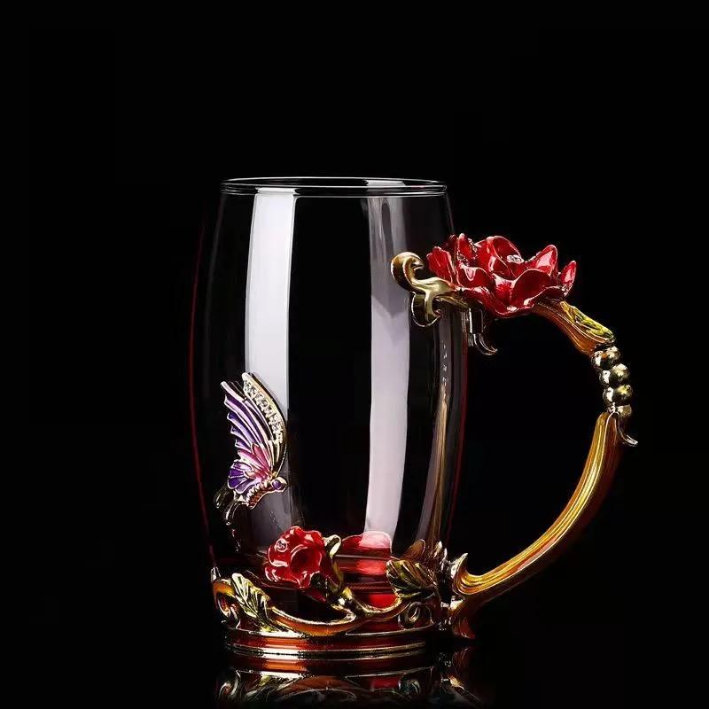 Uropean Enamel Rose Glass Cup Set with Hand-Carved Floral Design – Vintage Luxury Coffee & Tea Cups