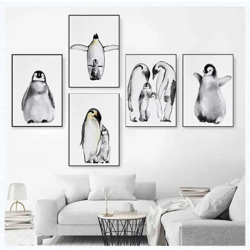 Watercolor Cute Penguin Family Poster Baby Animal Canvas Painting Print Wall Art Picture Nursery Baby Room Home Decor Mural