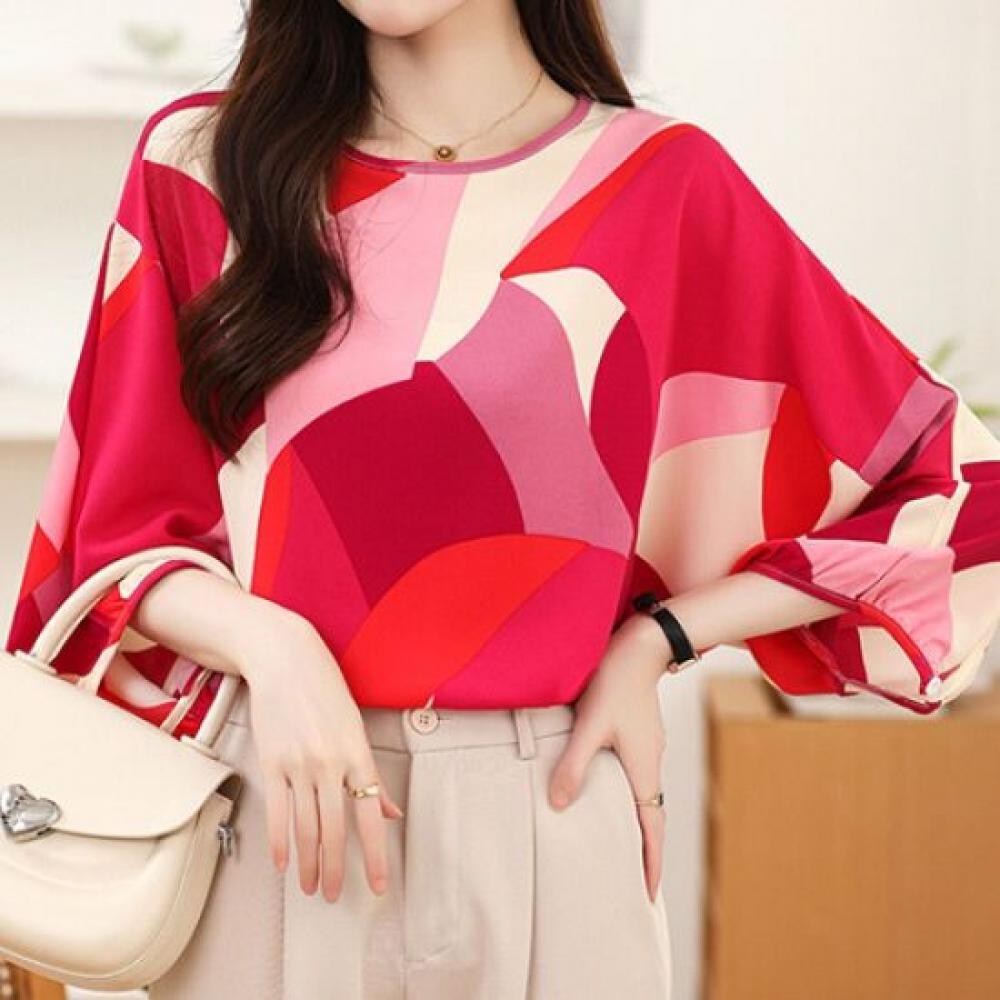 Navava Women Vintage Color Block Pattern Round Neck 3 4 Sleeve Blouse Nb1852
