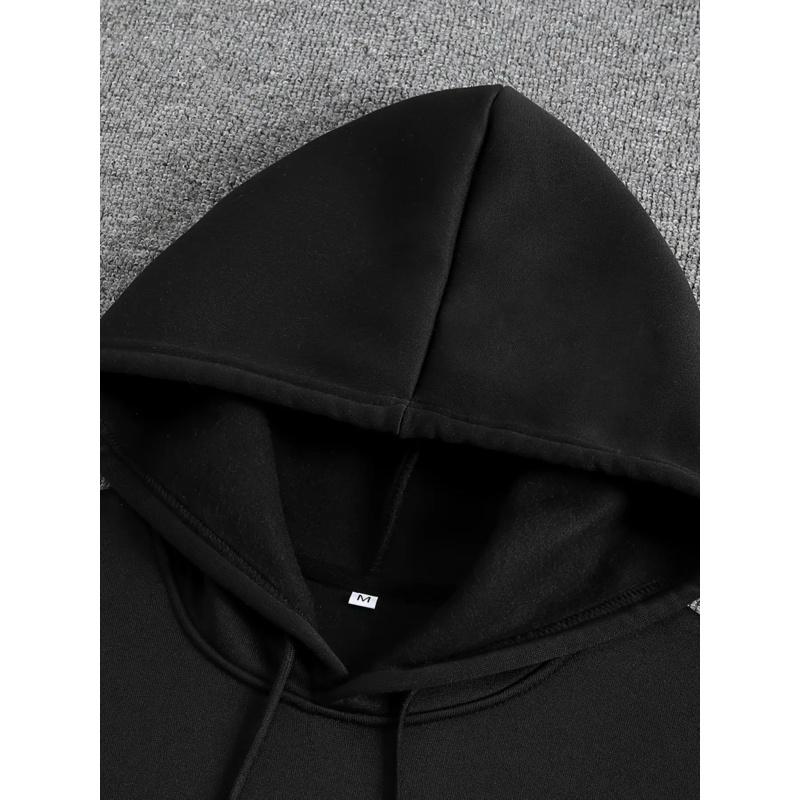 Black Polyester Men's Skull Print Hoodie Long Sleeve "Work Harder" Pullover with Drawstring Neck for Fall Winter