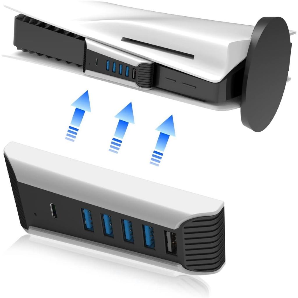 USB C Hub, 5 In 1 USB Hub High‑Speed Expansion Adapter with USB3.0 Type‑C Ports for PS5 Console, Support 4 USB Data Output Ports