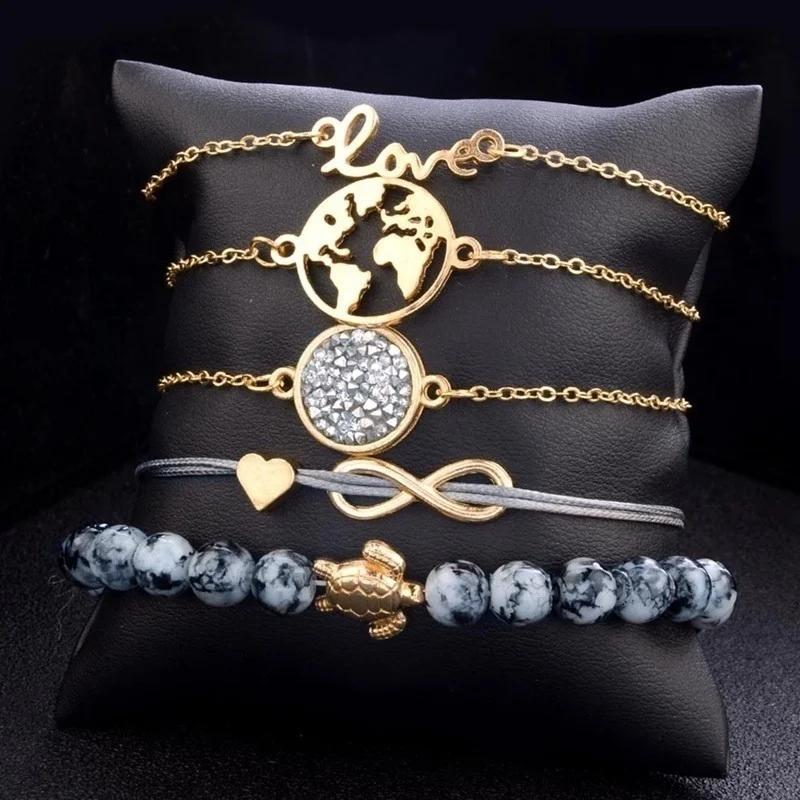 5Pcs/Set Bohemia Handmade Turtle Letter Infinity Love Map Bracelet Set Women Bracelets Set for Women White Rope Chain Bracelet