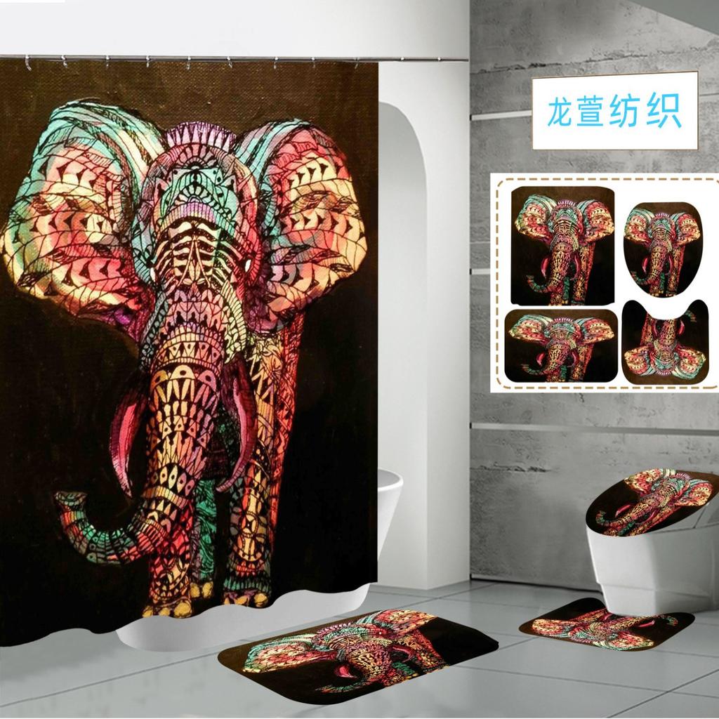 Polyester Elephant 3D Digital Printing Bathroom Personalized Partition Shower Curtain Four-Piece Set