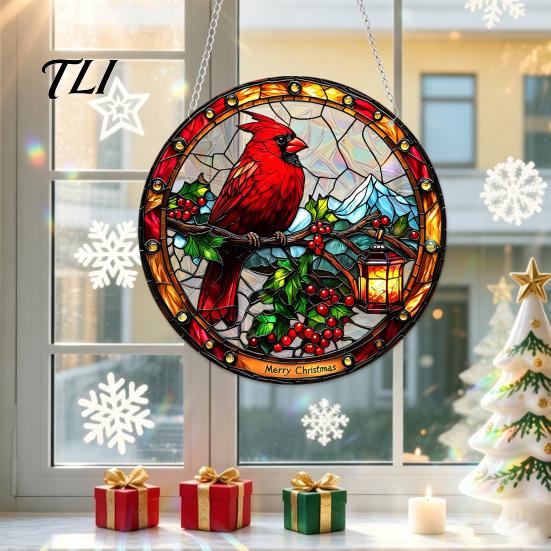 Christmas Home Entrance Accents 2D Acrylic Suncatcher, Stained Glass Style Black Cat Window Hanging, Seasonal Art Decorations Colorful Hanging Plaque