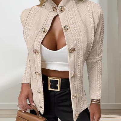 Women Jacket Slim Fit Stand Collar Long Sleeves Metal Buttons Jacquard Pure Color Outerwear Solid Color OL Commuting Dates Coat