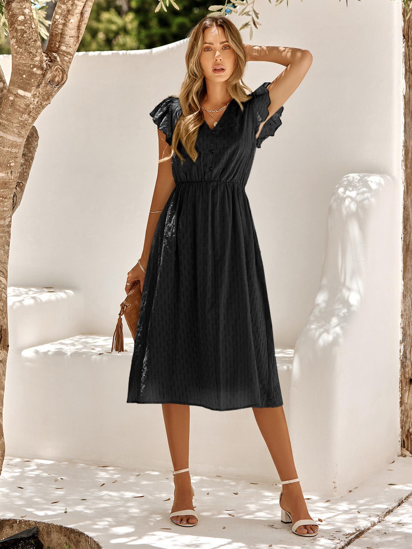

Women s V-Neck Short Sleeve Wrap Waist Dress in Light Blue, White, Light Green, Beige, Black XL чорний