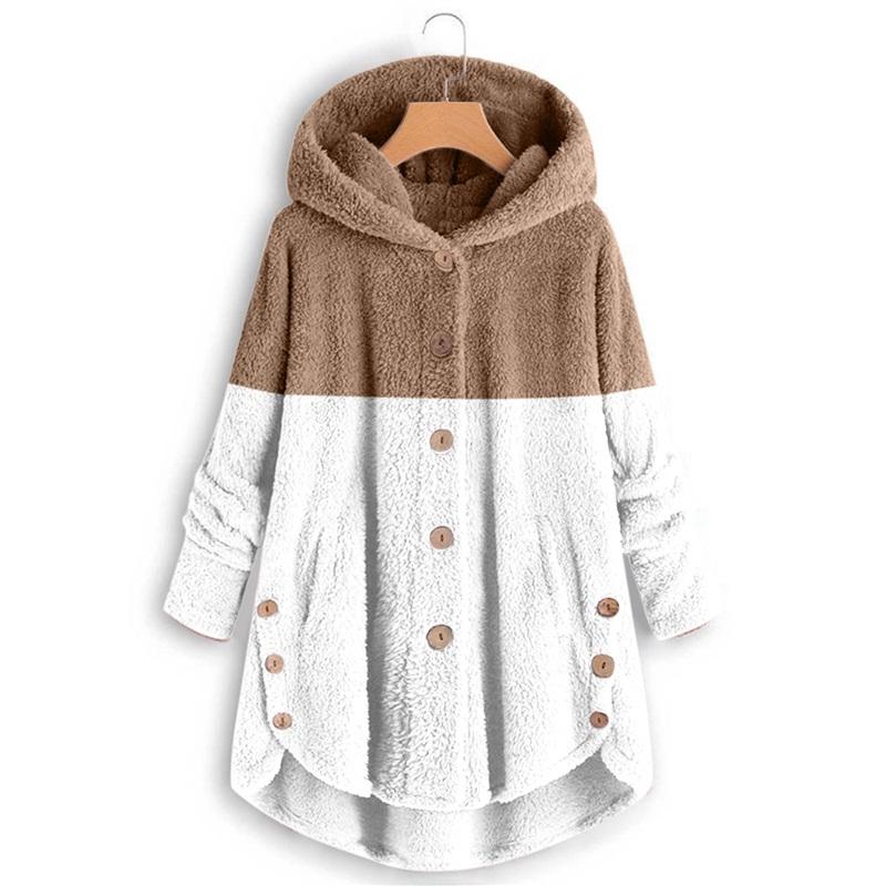 Women's Two-Tone Fleece Coat Hooded Button-Up Winter Warm Jacket