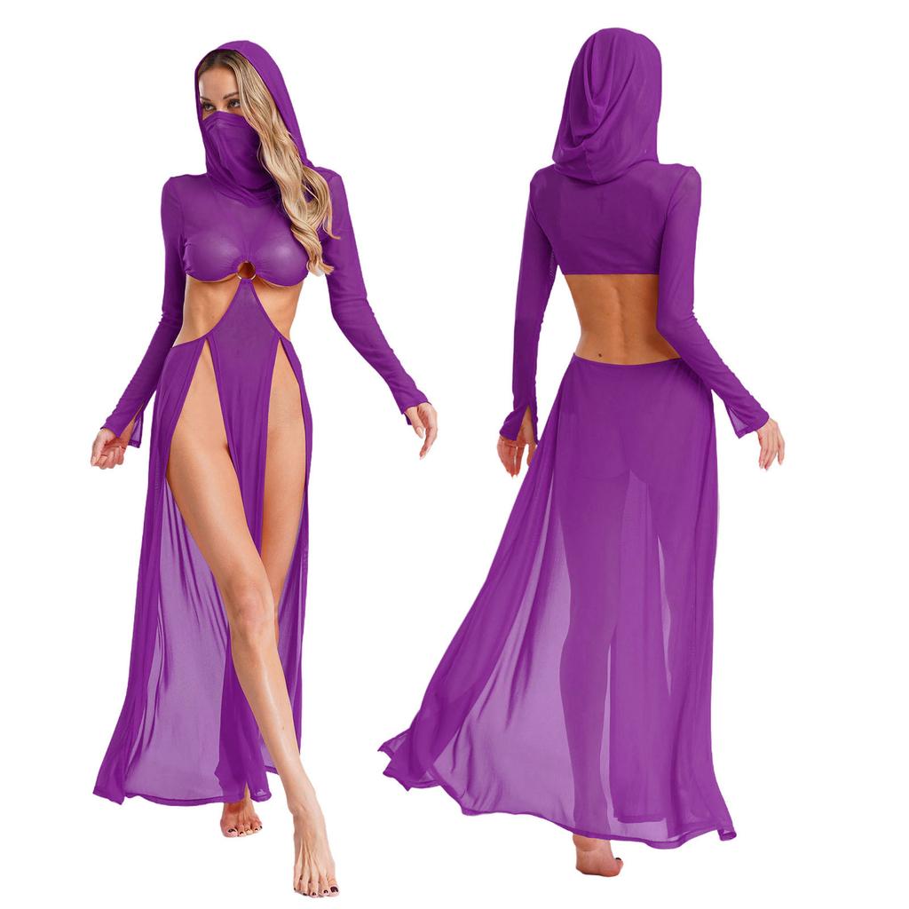 Kapuzen-Gesichtsmaske Netzkleid Damen Langarm Ausgeschnitten Cover-Up Sexy Hoher Schlitz Maxi-Abendkleid für Halloween Strandparty
