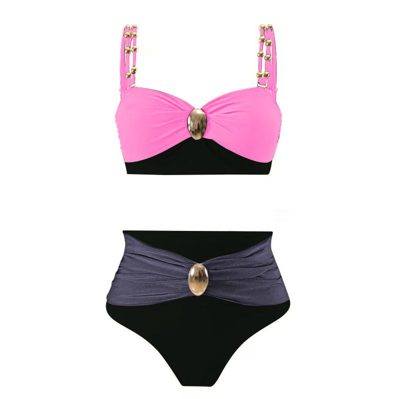 2025 Gold-Plated Color Block High Waist Bikini for Women