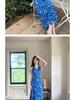 French Blue Floral Halter Maxi Dress for Women - Summer 2026 Petite Elegant Cinched-Waist Long Dress