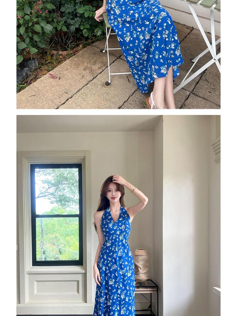French Blue Floral Halter Maxi Dress for Women - Summer 2026 Petite Elegant Cinched-Waist Long Dress