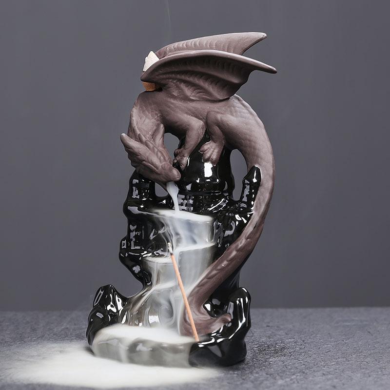 1pc Ceramic Waterfall Backflow Incense Burner with Winged Dragon Castle Design for Lucky Feng Shui Home Decor (Without Incense)