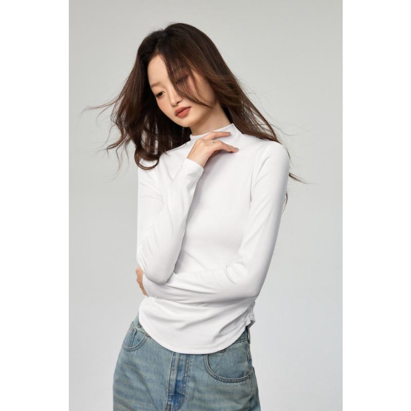 Women Combed Cotton Half Turtleneck Long Sleeve Waist Fitted Pleated Bottoming T Shirt