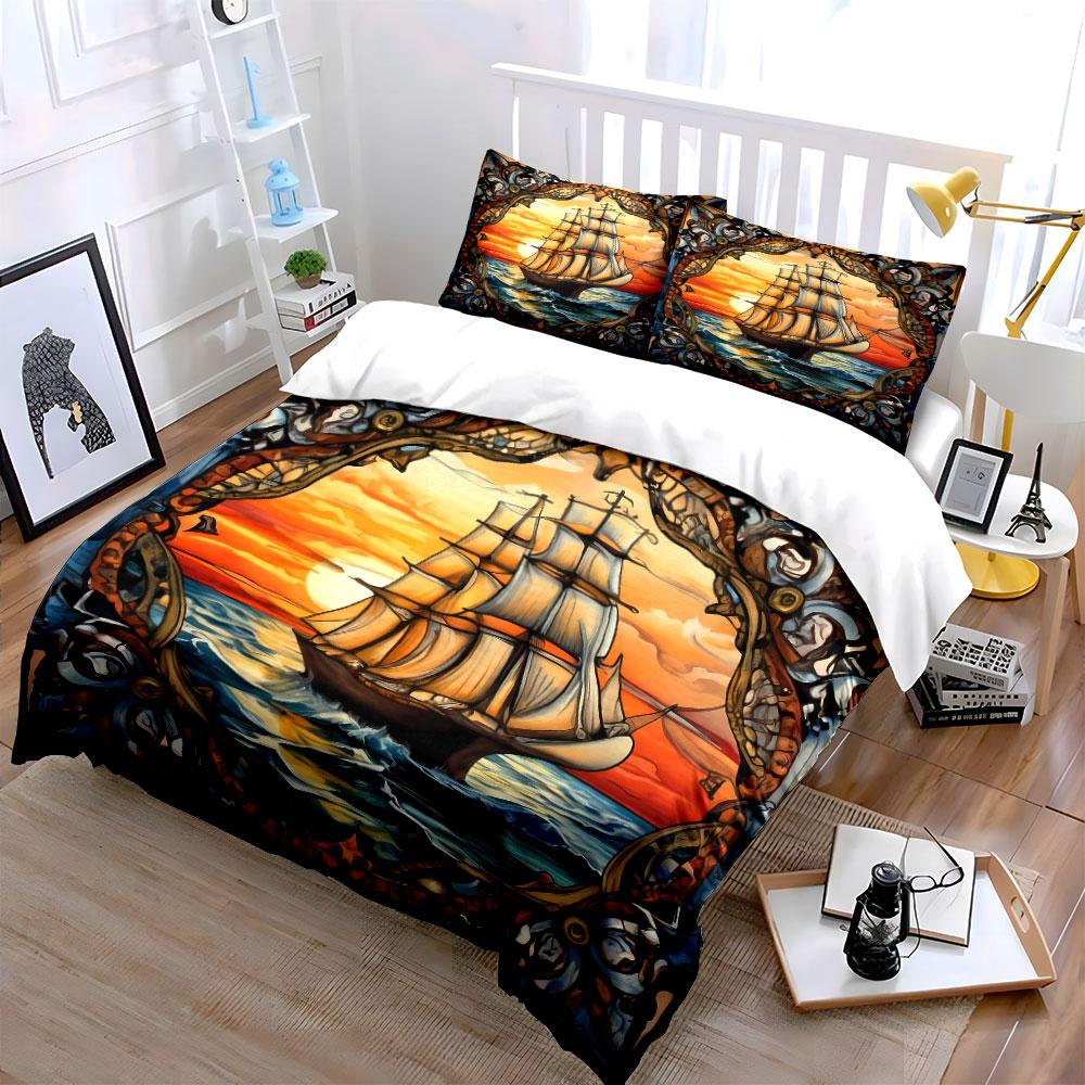 Sailing Ship Sunset Art Decor Kid'S And Adults' Bedroom Decor, Exquisite Three-Piece Bedding Set Gift