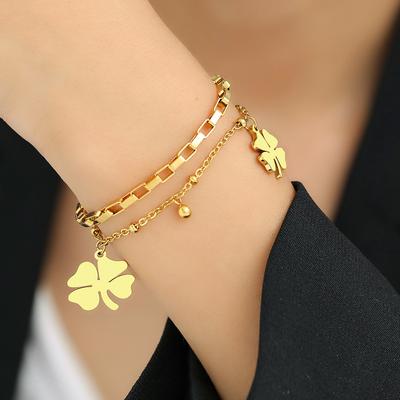 1PC Women's Design Double Layered Stainless Steel Four Leaf Flower Bracelet Zircon, Suitable for Date, Party, Festival Gifts