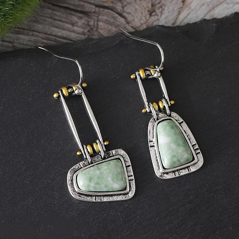 Retro Trapezoidal Turquoise Jadeite Earrings, Stylish Asymmetrical Earrings for Women