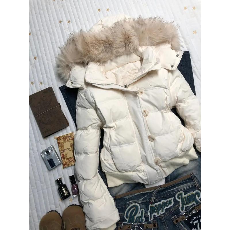 Casaco de Algodão com Capuz Feminino Retro Americano Gola de Pelo Cor Sólida Quente Casacos Casuais Slim Soltos de Algodão para Inverno