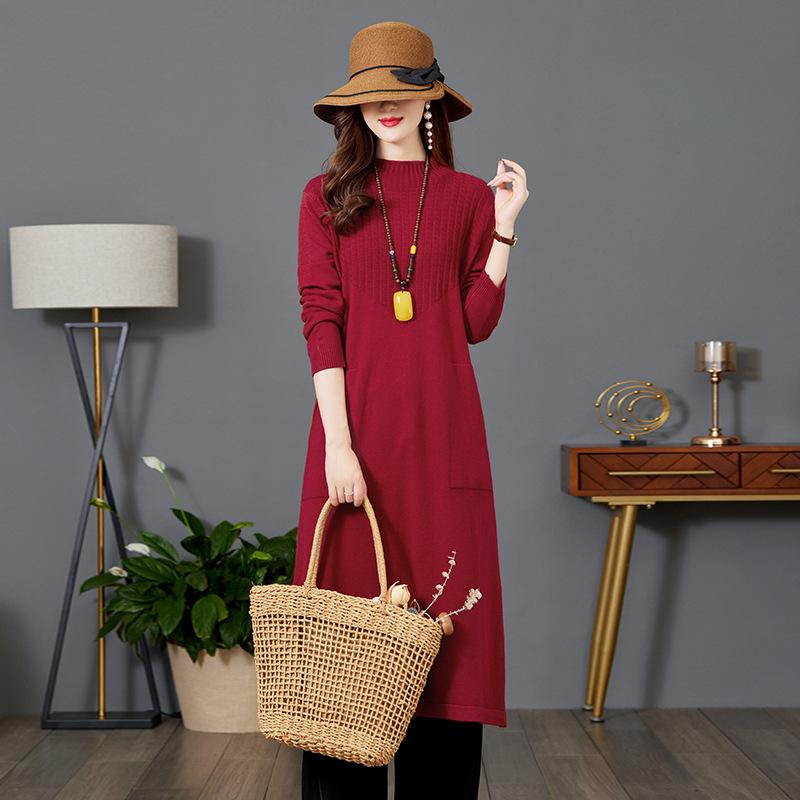 

Вязаное платье с полувысоким воротником для женщин на осень и зиму, однотонный свободный длинный свитер, повседневная женская одежда S красный