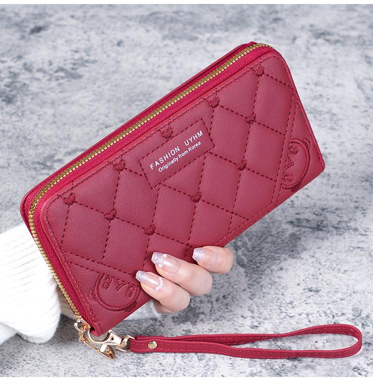 Damen Langreißverschluss-Geldbörse: Bestickte Clutch in Unifarbe, Geräumiges Münzfach, Multifunktionale Handytasche