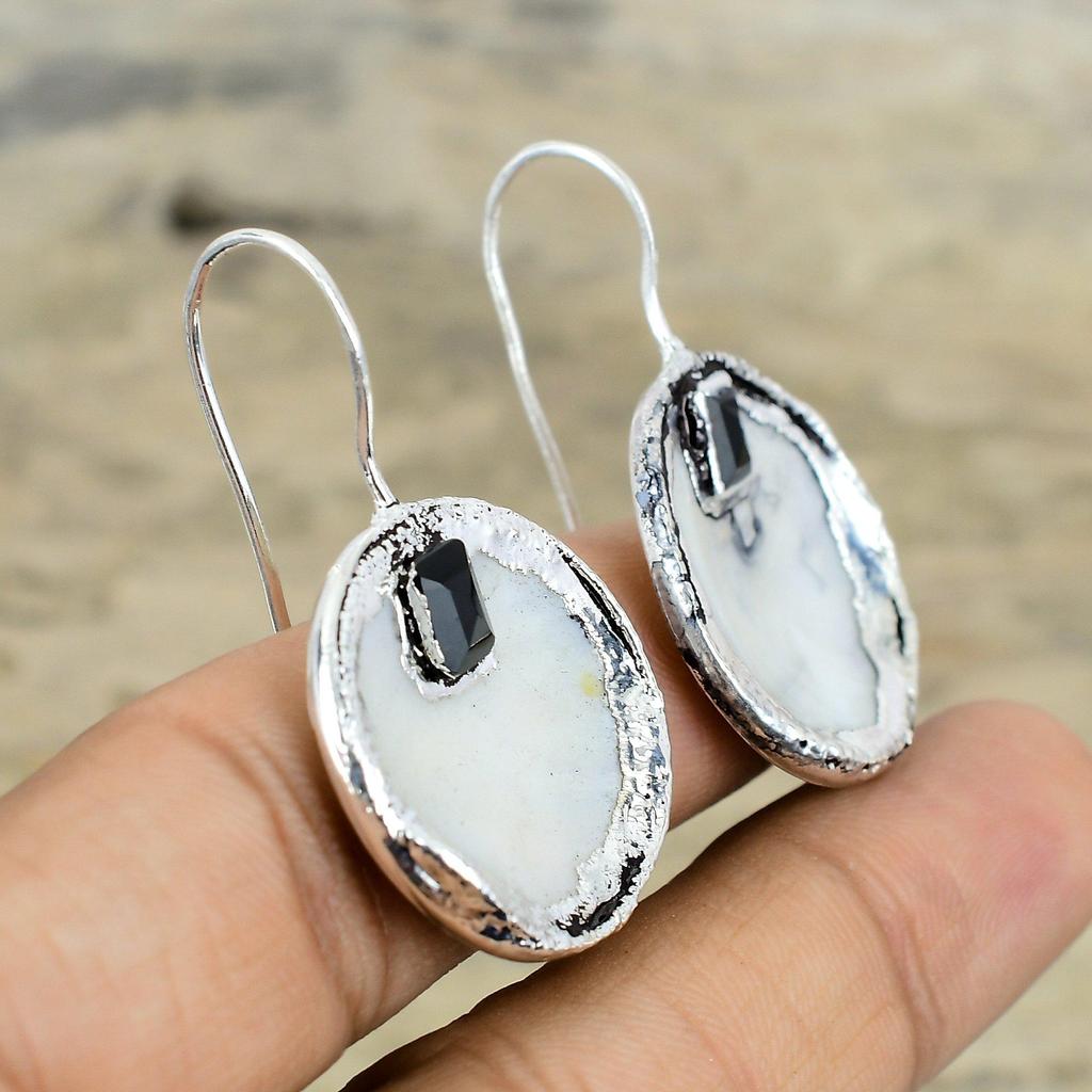 Perlmutt Edelstein Ohrringe Elektrogeformte Kupfer Ohrringe Versilberte Ohrringe Elektrogeformter Schmuck Schwarzer Onyx Ohrring Kupferschmuck