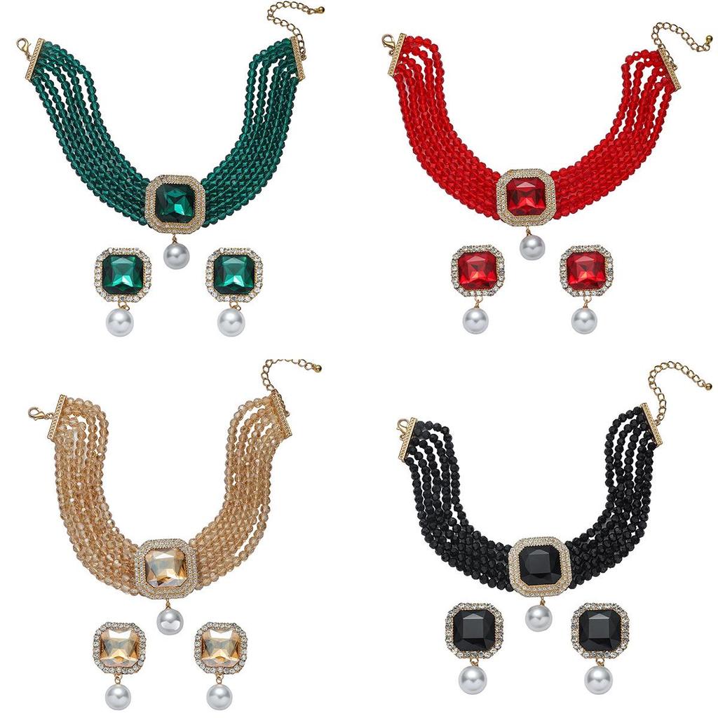 Luxusní vícevrstvý geometrický křišťálový choker a sada barevných náušnic