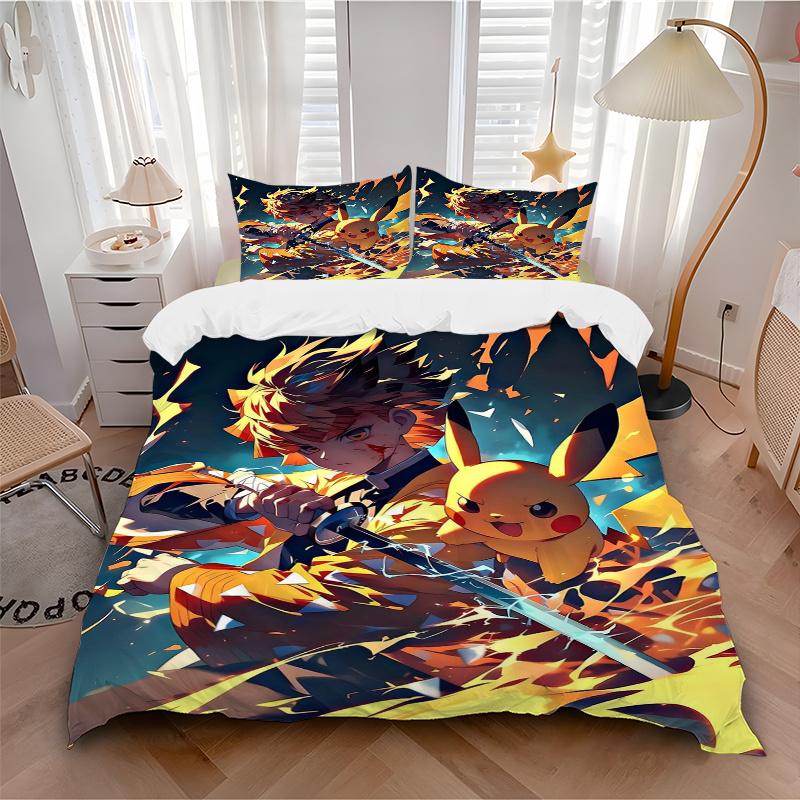 3pcs Anime Character & Pikachu Printed Bedding Set, Soft and Comfortable Quilt Cover for Bedroom, Guest Room (1 Duvet Cover + 2 Pillowcases,