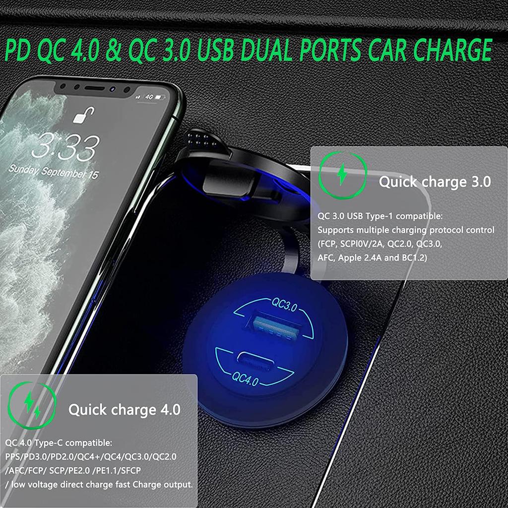 12V 24V USB Outlet Car Power Outlet Socket 60W QC 4.0 PD Type C & 36W Quick Charge 3.0 Car USB Charger Socket for Boat Auto