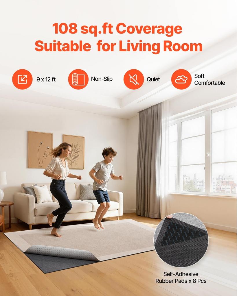Rug Pad 2.74 x 3.66 m, Non-slip Carpet Area Pad, Rug Mat Padding with Dual Surface Felt Cushion & Rubber Gripper, Hardwood Floor Protection for All