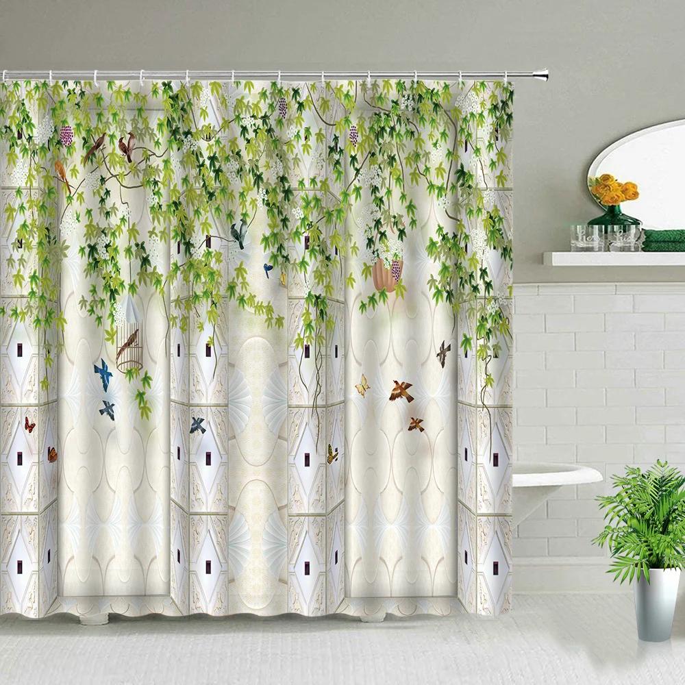 Green Leaves Printing Shower Curtain Tropical Plants Monstera Natural Scenery Bathroom Curtains With Hooks Bathtub Decor Screens